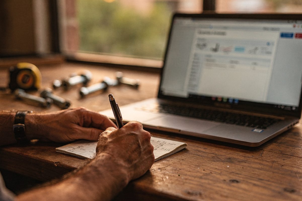 Hands writing part notes on a notepad beside a laptop screen