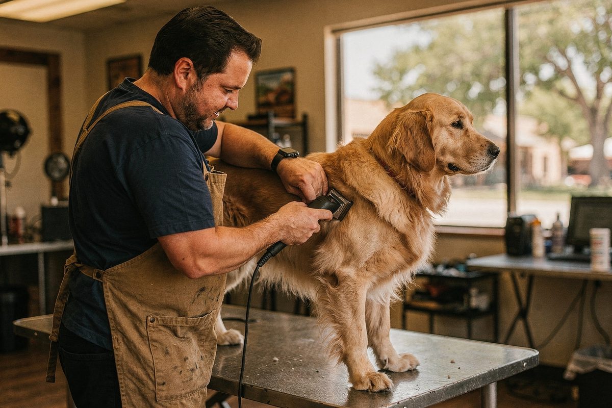 Groomer clipping a calm dog on a steel grooming table